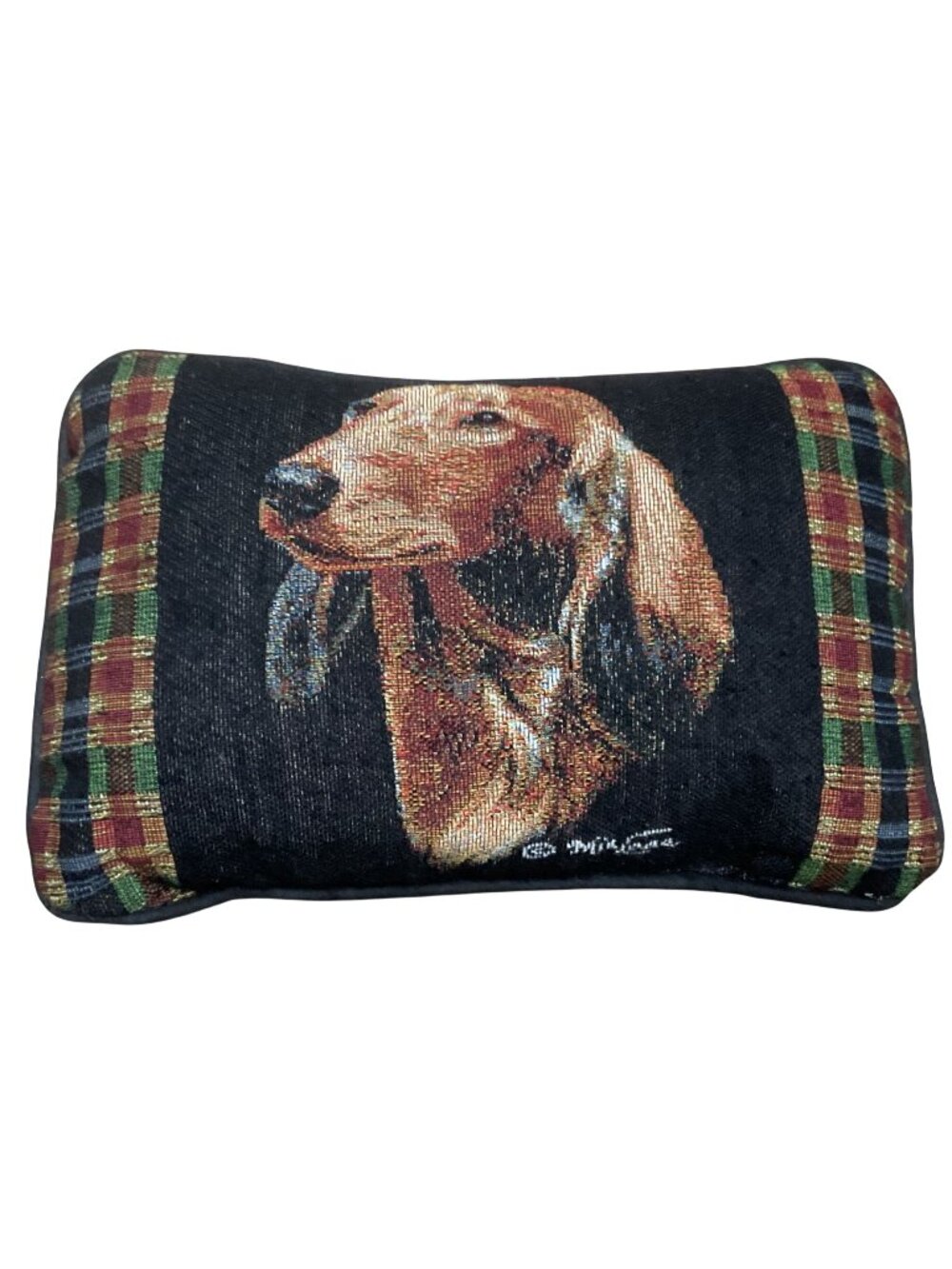 Dog Portrait Accent Pillow - Black and Brown Plaid